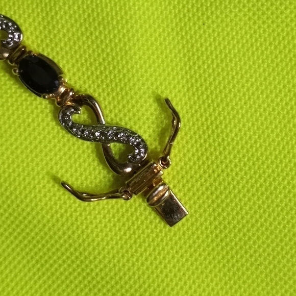 Two tone goldtone silvertone blue stone marked 925 bracelet - Picture 6 of 9